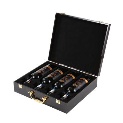 China Customized Soft Touching Matte Lacquered Luxury Wooden Textured Red Wine Box Handmade Logo Printing Red Wine Box With 4 Bottles for sale