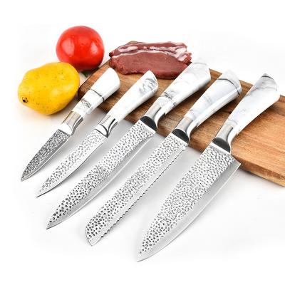 China New Design Sustainable 5 Piece Chef Knife Set Marble Embossing Pattern Handle Stainless Steel Kitchen Knives Set for sale