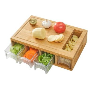 China Large Disposable Hot Selling Bamboo Cutting Board Meat Fruits Veggies Chopper With 4 Plastic Trays Draws for sale