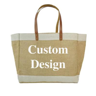 China Buti Reusable Custom Printed Eco Shopping Reusable Organic Tote Burlap Jute Bag With Large Leather Handles for sale