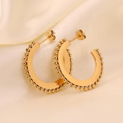 China TRENDY Stainless Steel 14K Gold Plated Hoop Earrings Simple Round Beads Flat Hoop Earrings for sale