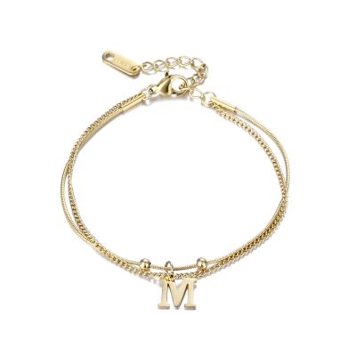 China FASHIONABLE MICCI Wholesale Custom 14K Gold Plated Stainless Steel Jewelry Double Layer Chain Link M Letter Charm Bracelet for sale