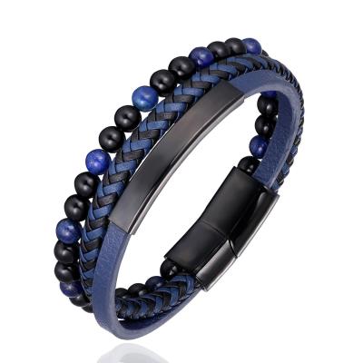 China FASHIONABLE Mens Jewelry Stainless Steel Clasp 6mm Natural Stone Handmade Leather Beaded Bracelet for sale