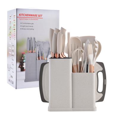 China Sustainable Silicone Kitchenware Set 19 Piece Wheat Straw Color Set Knife Combination Set with Storage Cylinder Knife Holder Storage Rack for sale