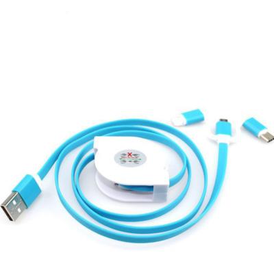 China Mobile Phone 3in1 Flat Flexible Retractable Data USB Charging Cable For iPhone / Micro / Type C 3in1 Cable for sale