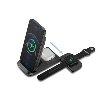 China New Convenient 15w Foldable Quick 3 in 1 Qi Wireless Charger for Iphone Airpods Mobile Phone Vertical Wireless Charger for sale