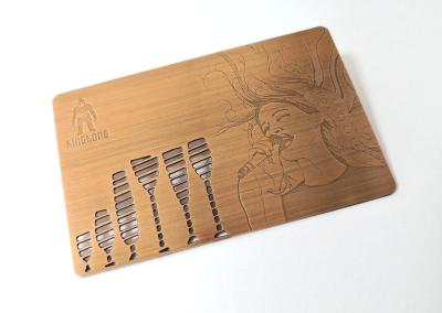 China Custom CR80 Classic Copper Brushed Metal Membership Card Cut Out Logo With Etching Text for sale