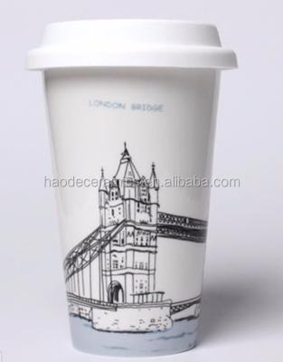 China Sustainable Bridge Ceramic Tourist Souvenir White London Travel Mug With Silicone Lid And Sleeve for sale