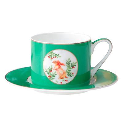 China Art Decor Christmas Rabbit Tea Cup and Saucer Green Porcelain Coffee Cups Set Elks Ceramic Mugs with Dish for sale