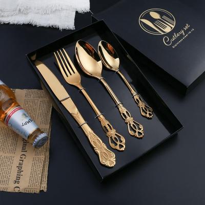 China Stocked Hot Amazon Sale Stainless Steel Gold Cutlery 4pcs Vintage Knife Spoon Fork Set With Gift Box Drop Shipping for sale