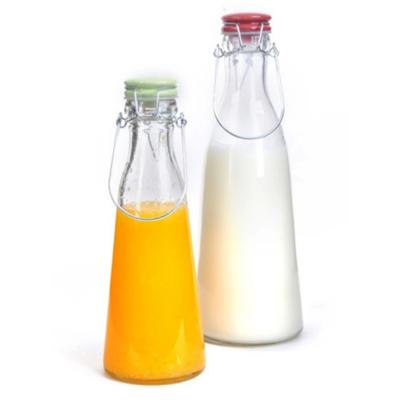 China Milk Glass Sealed 500ml 1000ml Milk Juice Beverage Enzyme Glass Portable Conical Bottles With Clip Lid for sale