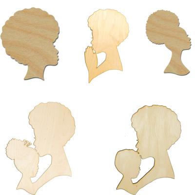 China Africa Afro Women Head Shape Mother And Son Mother And Daughter Unfinished Wooden Cutouts For African Decor for sale