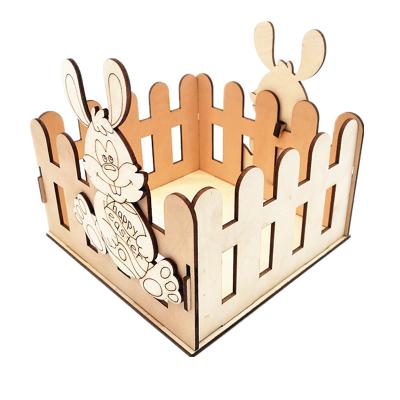 China Easter Holiday White Wooden Laser Cut Easter Basket Bunny Box DIY Easter Crafts For Kids for sale