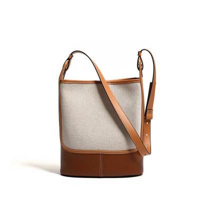 China Fashion Genuine Leather Women Bucket Bag Cowskin Canvas Shoulder Bags Female Bucket for sale