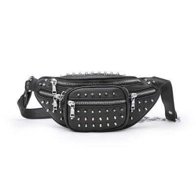 China 2019 Fashion Design Anti-theft Trunk Bag Rivet Soft Leather Waist Bag With Many Zippers Women Rivet Fanny Pack for sale