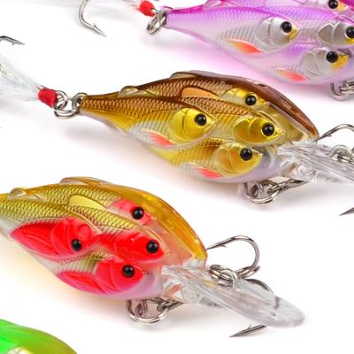 China Vivid Fish Action 5 Colors 70mm Double 6.2g Feather Hook Swim Crank Bait Lure Hard Fishing Plastic Mini Fishing Wobbler for sale