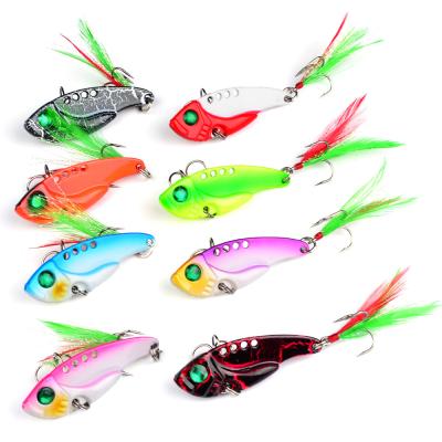 China Realistic Vivid Fish Action OEM Swimming Lure 8 Colors Metal Bait 11g 60mm Mini Vib Fishing Lure With Feather Hook for sale