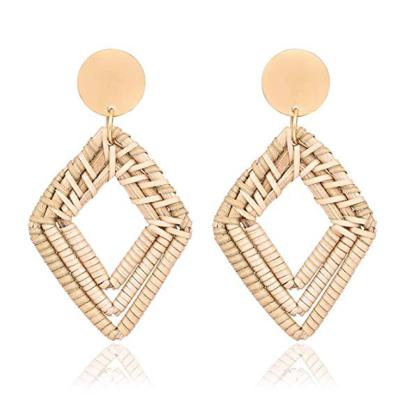 China FASHIONABLE Women's Retro Geometric Vine Hand - Woven Wood Earrings Beach Style Exaggerated Rattan Jewelry for sale