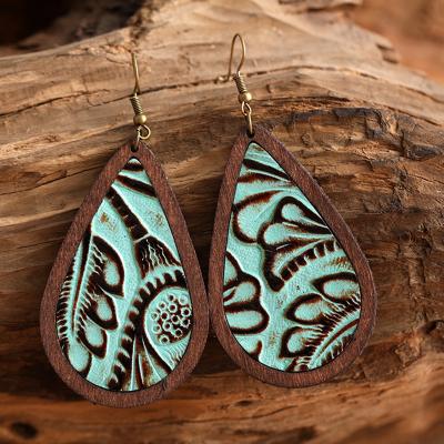 China Wholesale FASHIONABLE Retro Western Style Leather Embossed Leather Drop Earrings Classic Exaggerated Wooden Stud Earrings Stitching for sale