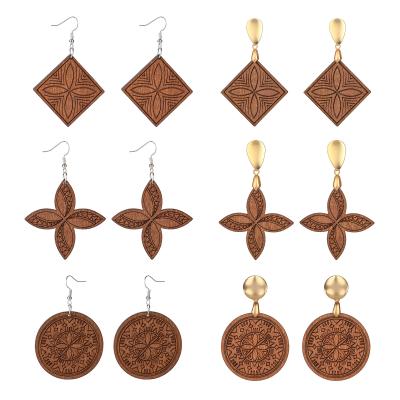 China New Products FASHIONABLE Creative Wood Earrings Ladies Retro Geometric Brown Geometric Jewelry Customized Wholesale for sale