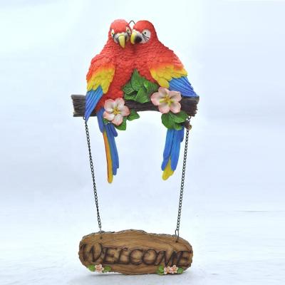 China Wholesale Europe Polyresin Parrot Bird Figurines Welcome Sign Wall Hanging Decoration for sale