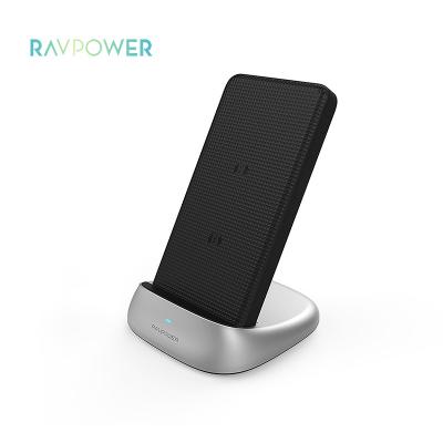 China Easy Fast Charging Carry RAVPower 5000mAh 7.5W 10W Dual Coils 3 in 1 Wireless Charger Power Bank with Charging Stand for sale