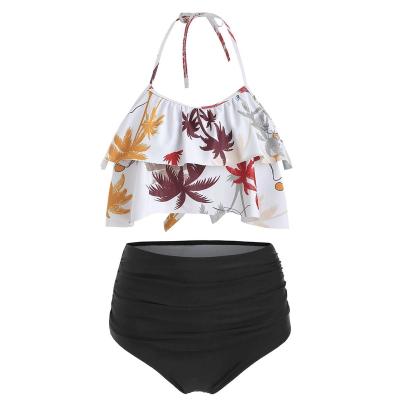 China Sexy hot sale backless halter casual high waist two piece lace up female floral print swimwear beachwear set for sale