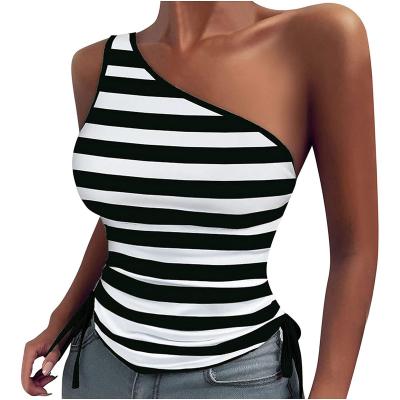 China Summer Breathable Sexy Shoulder Stripe One Sleeveless Tops Casual Fashionable Tee T-Shirt For Women for sale