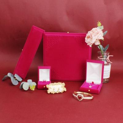 China Velvet Hot Sell Customer Logo Pink Bracelet Jewelry Box Ring Earring Set Jewelry Pink Flock Box Branded Packaging Boxes For Jewelry for sale