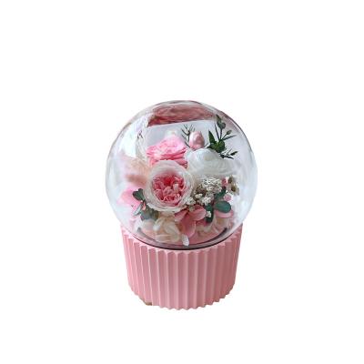 China Whole 2022 Factory Rotary Music Box Valentine's Day Gift Artificial Natural Immortal Flower Glass Music Box Finished Product for sale