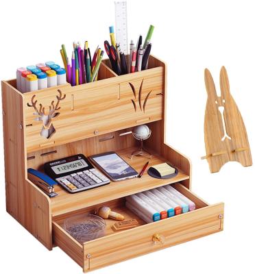 China Modern Stylish Wooden Pen Organizer Multi-Functional DIY Pen Holder Box Desktop Stationary Storage with Drawer for sale