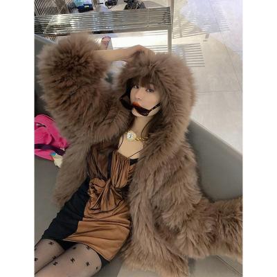 China New Breathable High Quality Warm Fox Fur Hooded Coat Female Woven Fur Young Fashion for sale