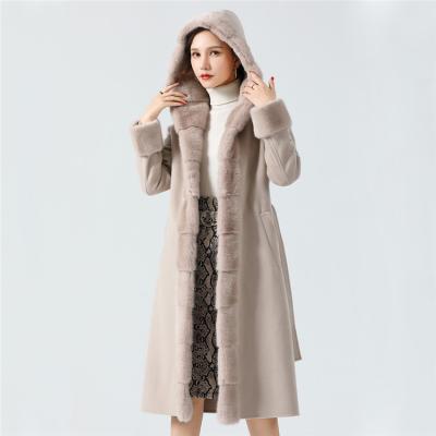 China New Real Cashmere Breathable Hooded Coat With Mink Fur Trim Handmade Women's Wool Coat for sale