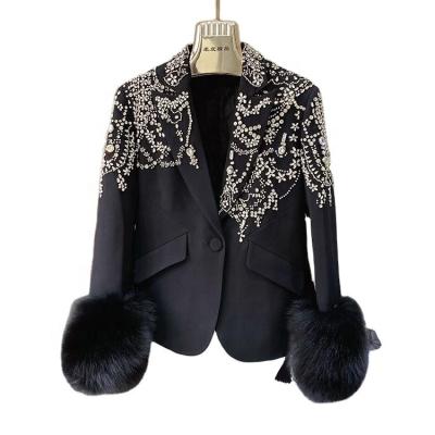 China Luxury Slim Fit Women Ladies Blazers Crystal Decorated Fall Coat Black Fashion Diamond Outwear Handmade Elegant Jacket for sale