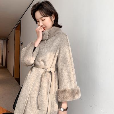 China Others 2020 autumn and winter mink fur collar woolen coat women's thin high-end double-sided woolen coat lace-up cashmere long for sale