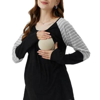 China Breathable Women's Maternity Clothes Contrast Long Sleeve Crew Neck Maternity Nursing T-Shirt for sale