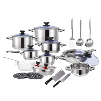 China High-survey Sustainable Products 25Pcs Cooking Pan Set Stainless Steel Cookware Set with Blue Glass Lid for sale