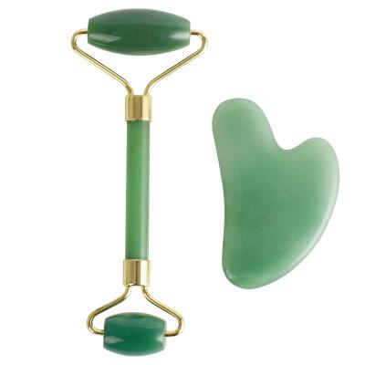 China Skin Tightening 2020 Hot Sale Amazon Jade Green Aventurine Natural Facial Facial Massage Jade Roller Green Gua Sha Set for sale