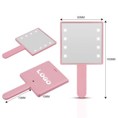 China Hot Sale Customized Led Logo Lighted Logo Makeup Handle Portable Plastic Handheld Mirror With Light for sale