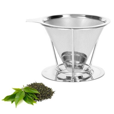 China Sustainable Coffee Strainer Tea Trap Slag Funnel 304 Stainless Steel Double Layer Strainer Hand Brew Coffee Sieve With Holder for sale