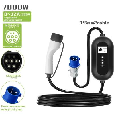 China Portable Electric Vehicle Charger 7KW 1 Phase 32A Fast Charging Station Type 2 European Standard CE for sale