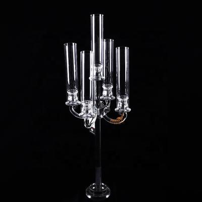 China 5am ​​Europen wedding table centerpieces elegant long-stemmed crystal candelabra glass tubes candle holders for decorations wholesale for sale