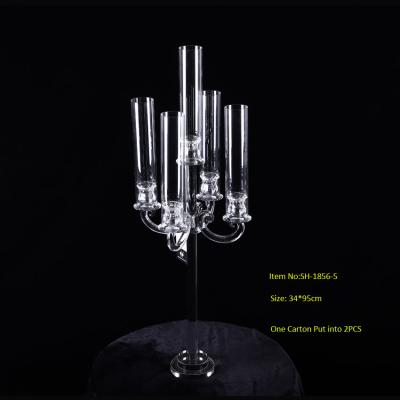 China Home Decoration Long Tube Romantic Crystal Candelabra 5 A.M. Tall Glass Candle Holder For Wedding Table Decoration Centerpieces On Sale for sale