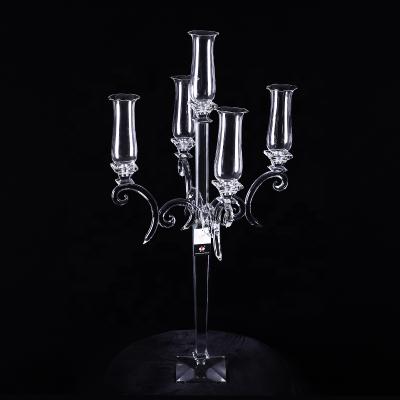 China Weddings Wholesale 5 ArmsTall China Antique Cheap Crystal Candle Holder Glass Candlestick Wedding Pillar Table Centerpieces With Cylinder for sale