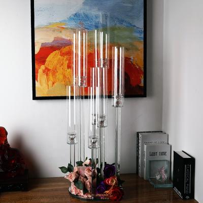 China Cheap Tall Cylinder Crystal Candelabra Long Glass Tube Weddings Romantic 10am Candle Holder For Wedding Table Centerpieces On Sale for sale