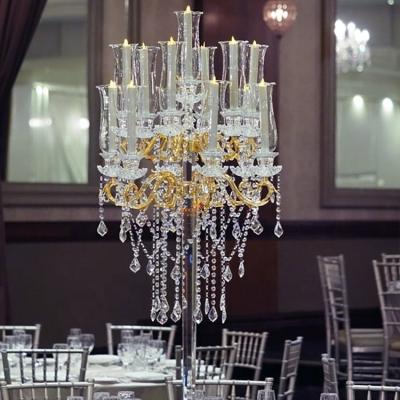 China 9am Luxury Unique Wedding Gold Candelabra Metal Crystal Candle Holders Decoration Centerpieces With Hanging Crystals On Sale for sale