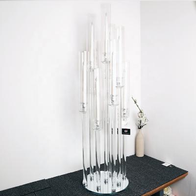 China New Luxury Unique Wedding Centerpieces Glass Tubes Tall Candle Holders 9 Head Crystal Candelabra With Cylinder Shade for sale