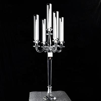 China Luxury antique 5 arm tall wedding use crystal hurricane candelabra table centerpieces for sale for sale