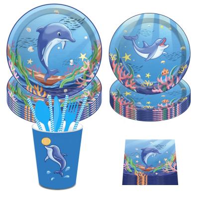 China 300g Paper Card Huancai Dolphin Party Supplies Custom Disposable Paper Plates Cups Napkins Tableware Set for sale