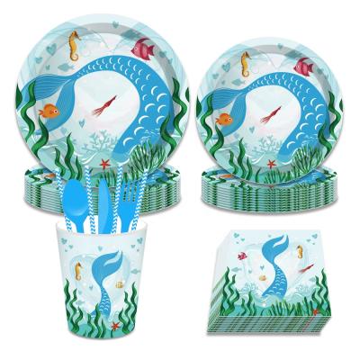 China Eco-friendly 300g Paper Huancai Under The Sea Party Supplies Paper Plates Cups Towels Napkins Eco-friendly Disposable Tableware Set for sale